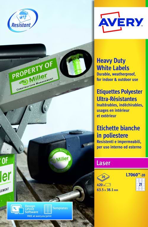 Avery Laser Label Heavy Duty 21 Per Sheet White (Pack of 420) L7060-20