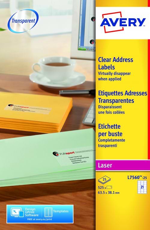 Avery Laser Address Labels 21 Per Sheet Clear (Pack of 525) L7560-25