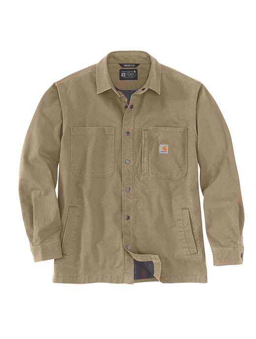 Carhartt Men's Rugged Flex Relaxed Fit Canvas Fleece-Lined Snap-Front Shirt Jacket Dark Khaki