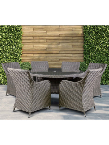 Dellonda Chester 7 Piece Rattan Wicker Outdoor Dining Set With Tempered Glass Table Top Brown