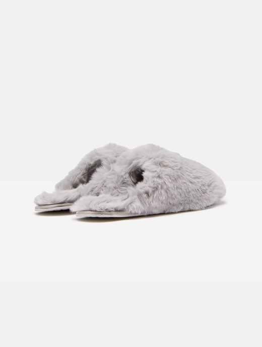 Joules Cosy Fluffy Mule Slippers Grey