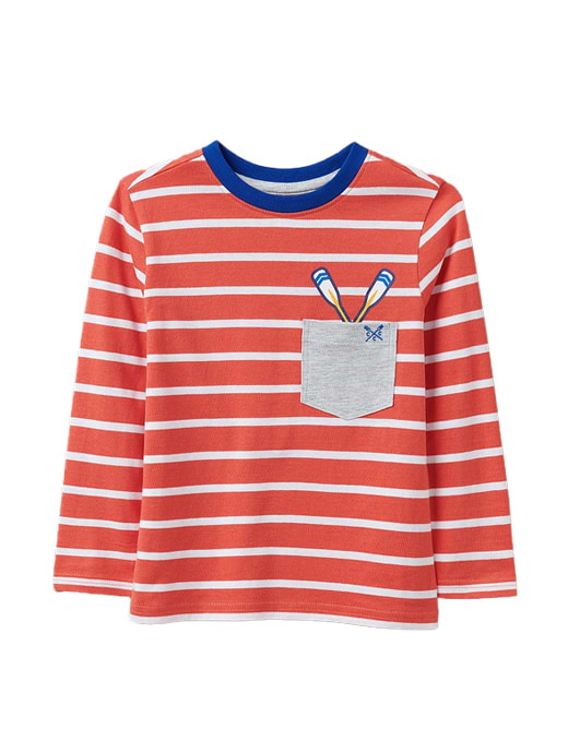 Crew Clothing Long Sleeve Stripe Tee with Oars Pocket Red/Blue/White