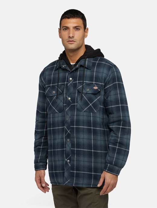  Dickies Men's Fleece Hooded Flannel Shirt Jacket Navy