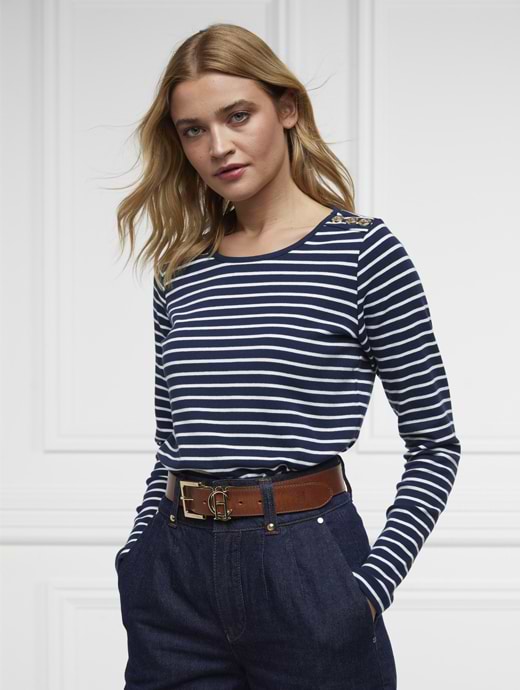 Holland Cooper Padstow Long Sleeve Crew Neck Tee Ink Navy Natural Stripe