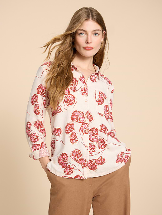 White Stuff Women's Sophie Organic Cotton Shirt Ivory Print
