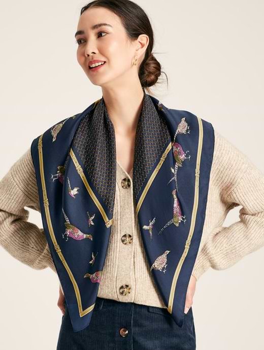 Joules Women's Bloomfield Silk Scarf Navy Pheasant -One Size