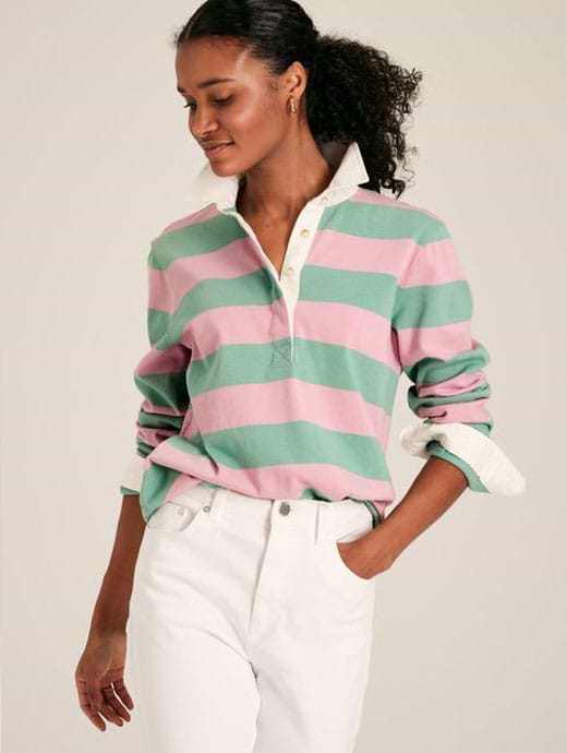 Joules Women's Falmouth Rugby Shirt Pink Green Stripe