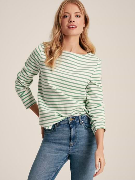 Joules Women's New Harbour Relaxed Fit Boat Neck Breton Top Green/White Stripe