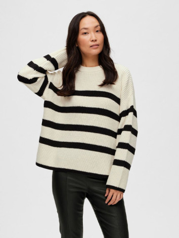 Selected Femme Bloomie Long Sleeve Knit O-Neck Snow White with Black Stripes