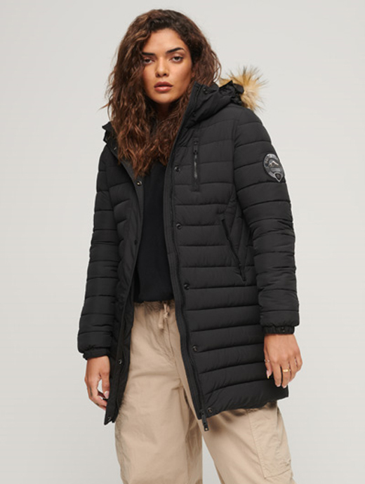 Superdry Women\'s Puffer Jacket Length Mid Black Fuji Hooded