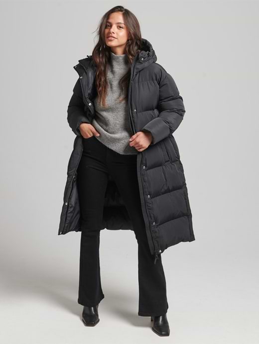  Superdry Women's Longline Hooded Puffer Coat Black 