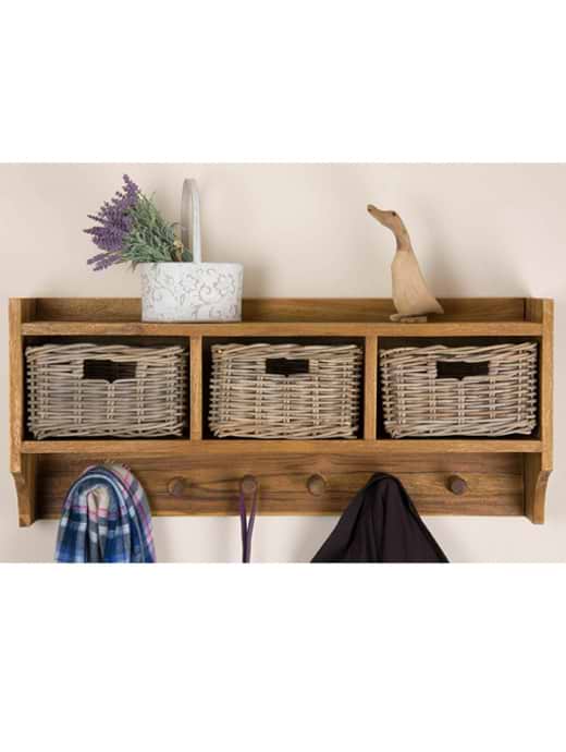 Sustainable Furniture Reclaimed Teak Coat Hook Storage Unit - Three Basket