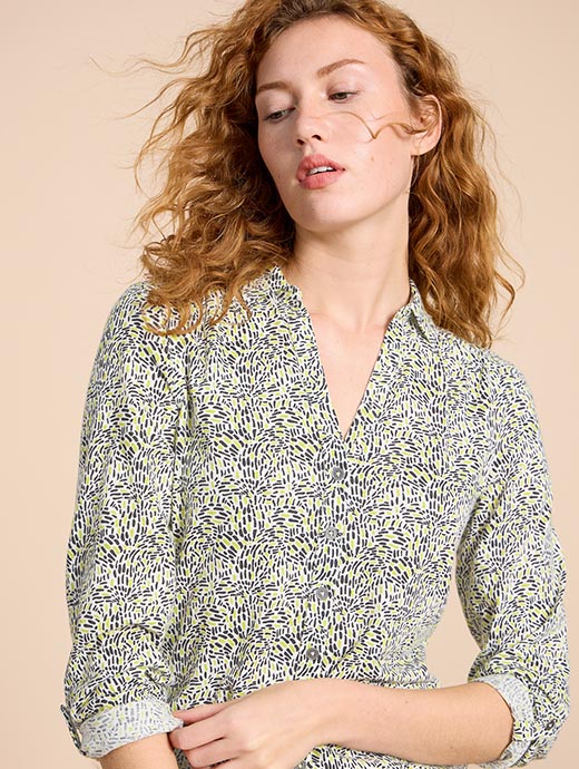 White Stuff Women s Annie Jersey Shirt Blue Ivory Print
