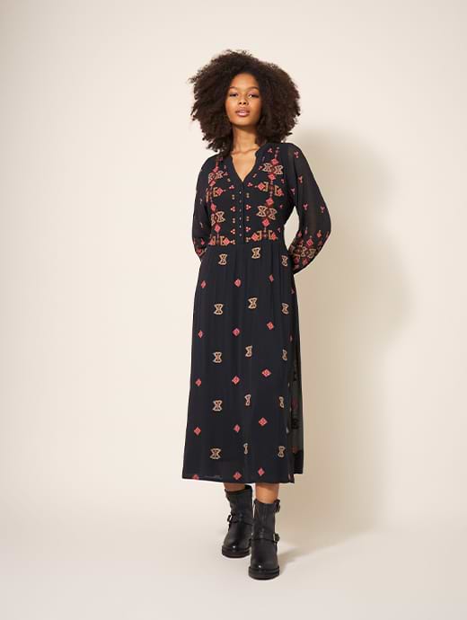 Black white hotsell embroidered dress