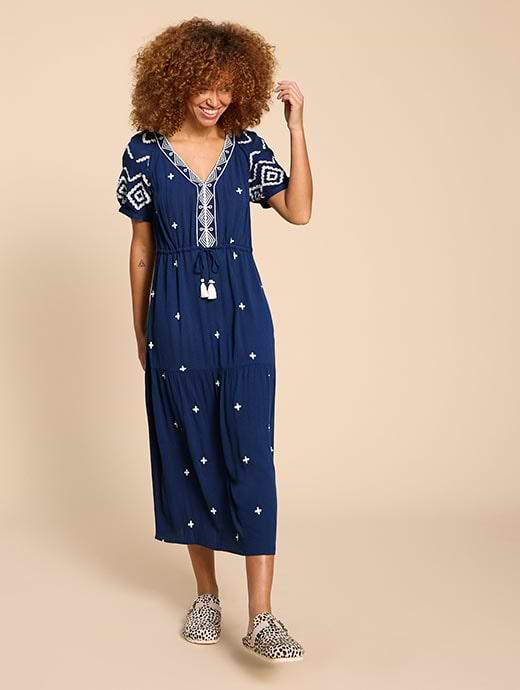 White Stuff Women s Mauve Embroidered Dress Dusty Blue