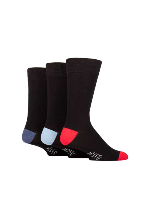 Wild Feet 3pk Patterned Socks Black/Red/Light Blue Denim Heel 