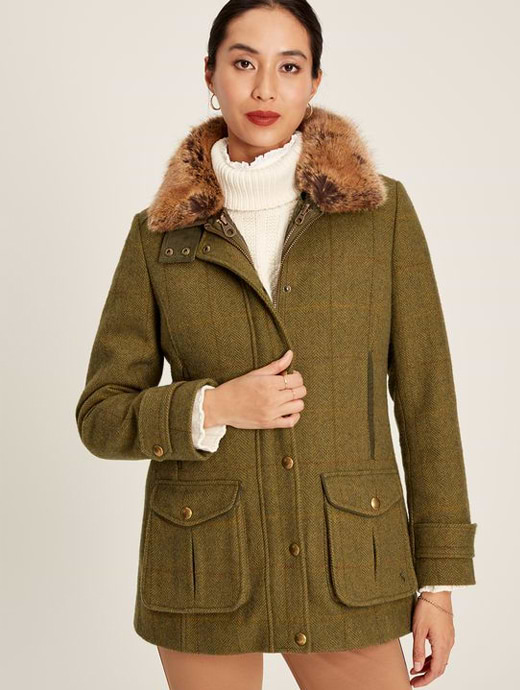 Joules Women's Field Luxe Tweed Jacket With Removable Gilet Green