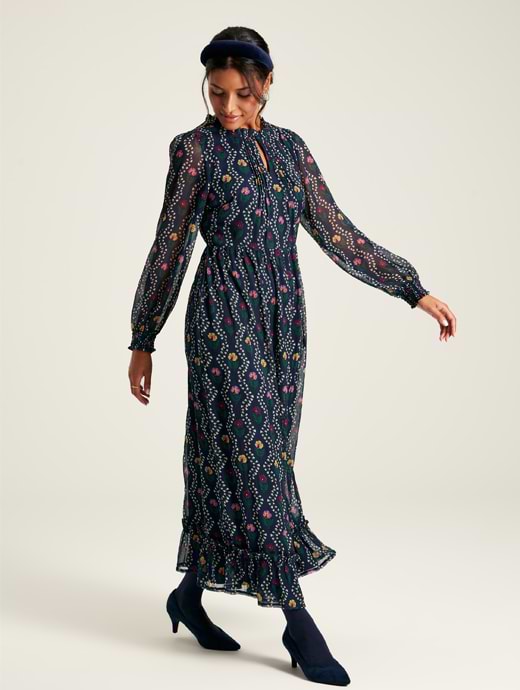 Joules Women s Helena Georgette Dress Navy Floral Trellis