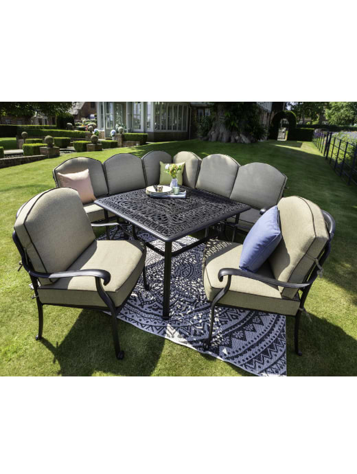 HARTMAN AMALFI SQUARE CASUAL DINING FIRE PIT SET WITH LOUNGE CHAIRS