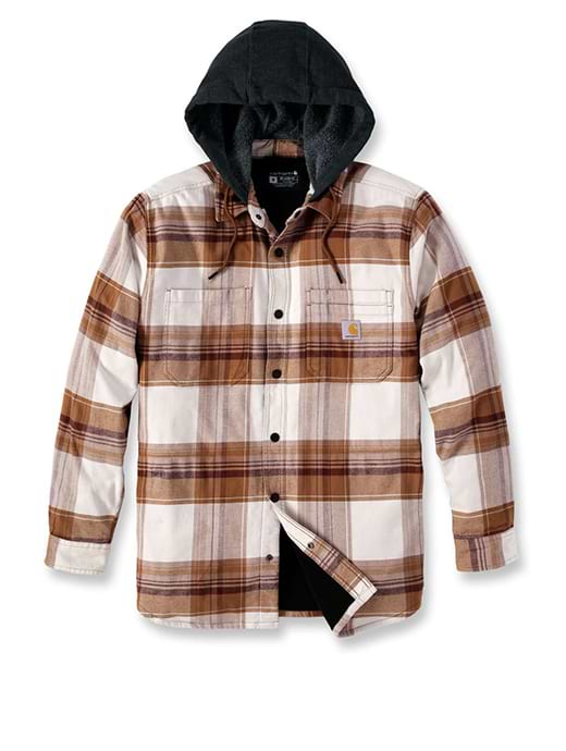 Carhartt Rugged Flex Relaxed Fit Flannel Fleece-Lined Hooded Shirt Jacket Brown