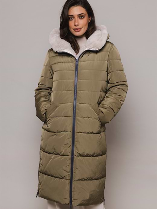 Rino & Pelle Women's Keilafur Long Padded Hooded Coat With Fake Fur Ivy