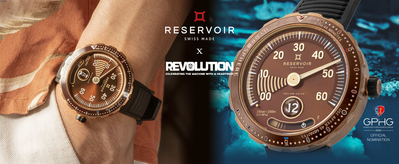Luxury diver watch with dark brown, light peach and light teal manometer.