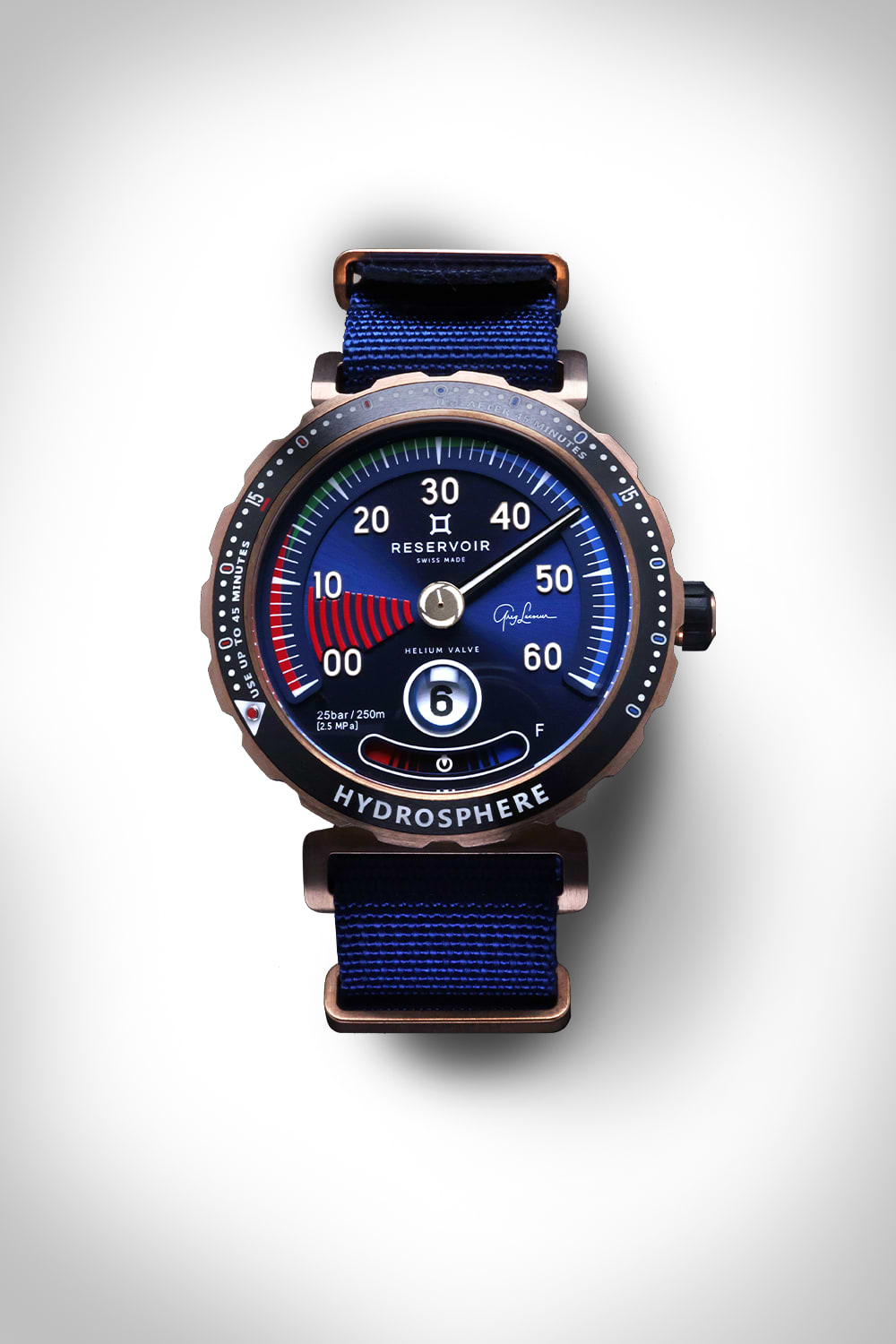 Blue and bronze Swiss-made Reservoir diving watch with helium valve and blue nylon strap.