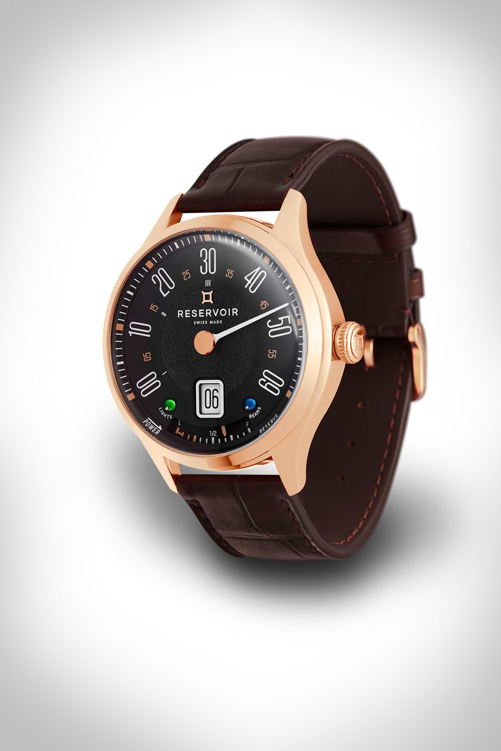 Rose gold wristwatch with brown leather strap, black dial, white numerals, and date display.