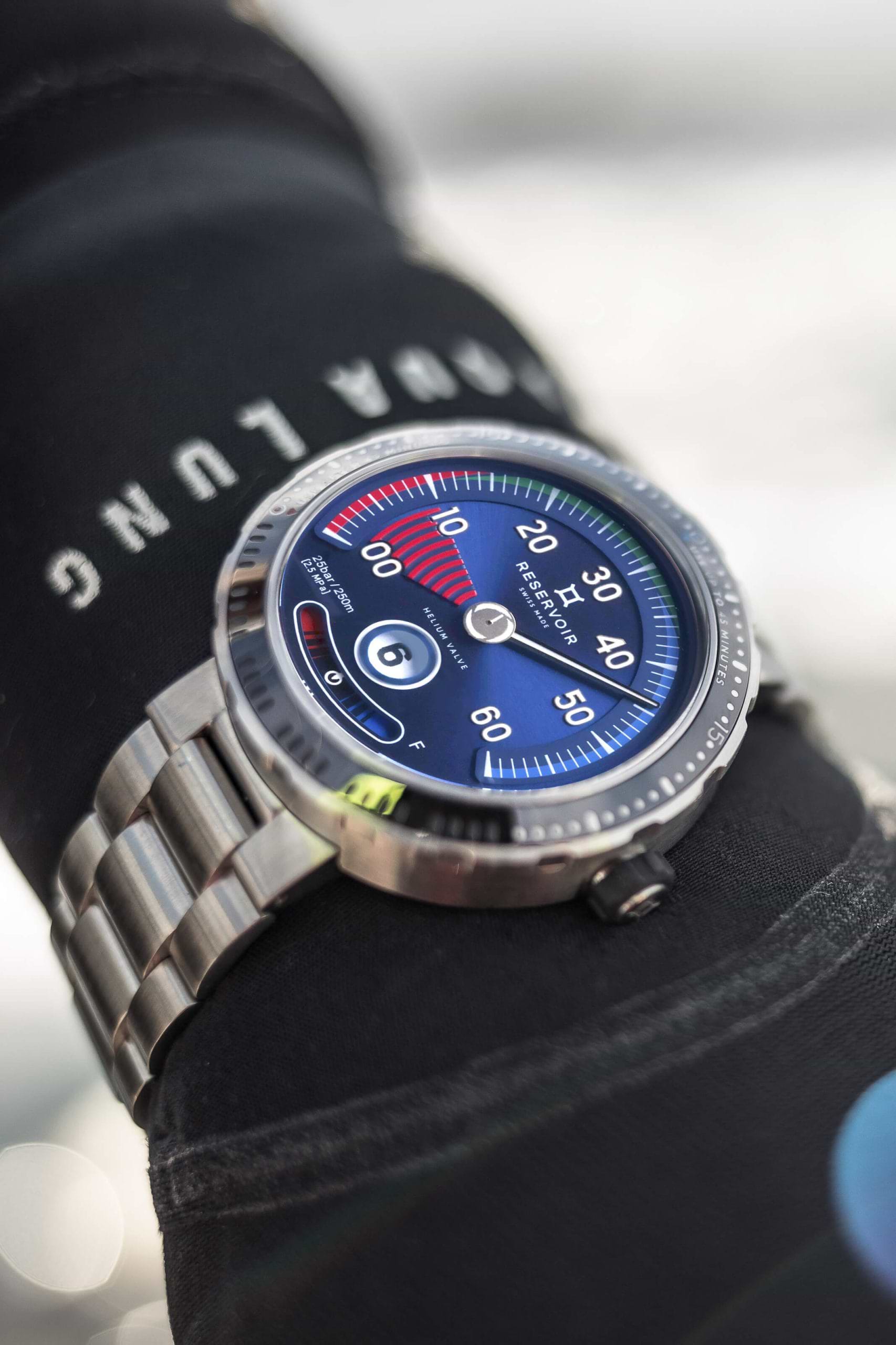 Luxury Diver's Watch with Dark Blue, Light Grey and Medium Grey-Blue Manometer by Greg Lecoeur.