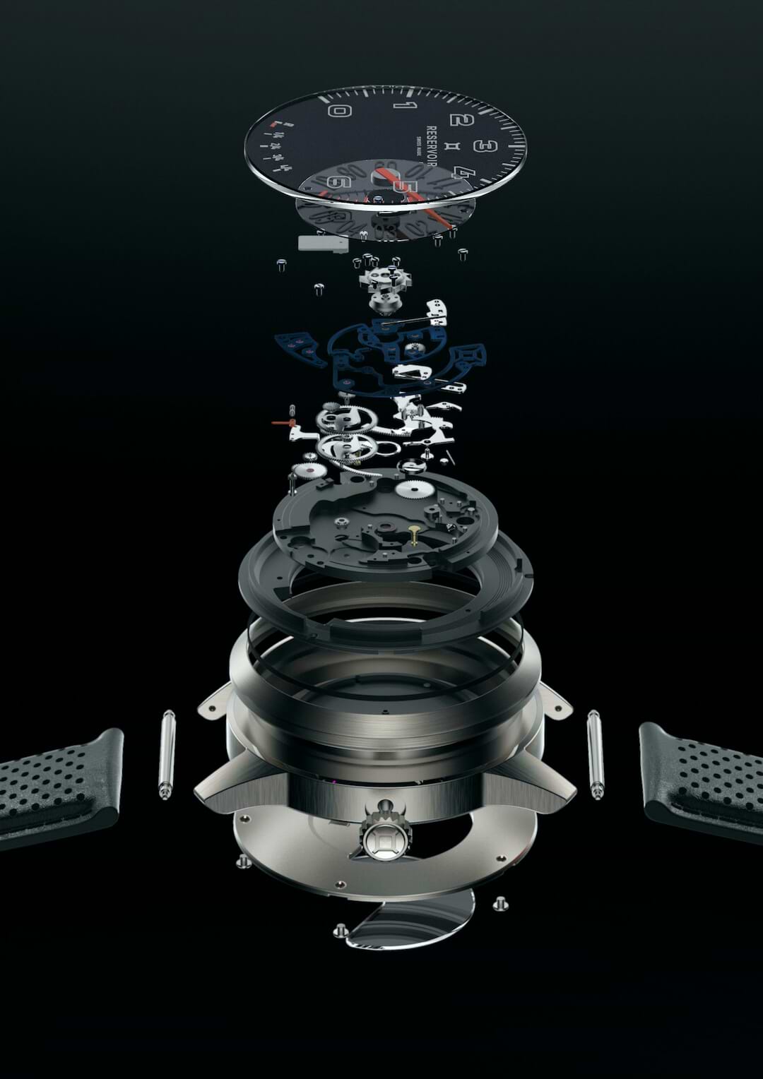 Media editorial of a luxury RESERVOIR watch in dark navy, light grey and medium grey.
