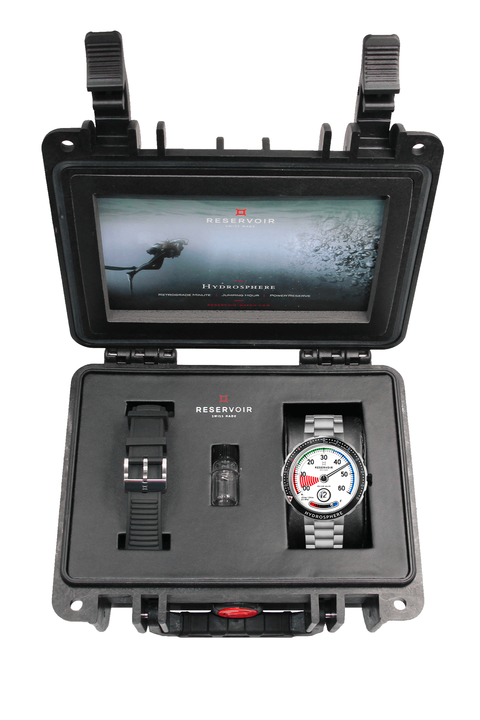 Luxury diver's watch with manometer, featuring dark black, light greyish blue and medium greyish blue tones.