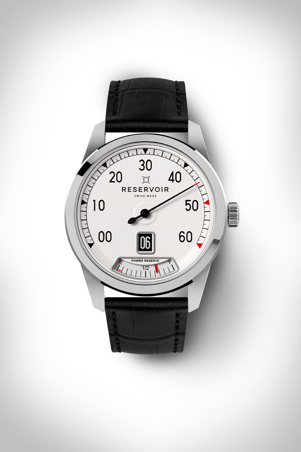 エレガントな腕時計、ホワイトダイアル、インデックス、日付表示、パワーリザーブインジケーター、ブラックストラップ。