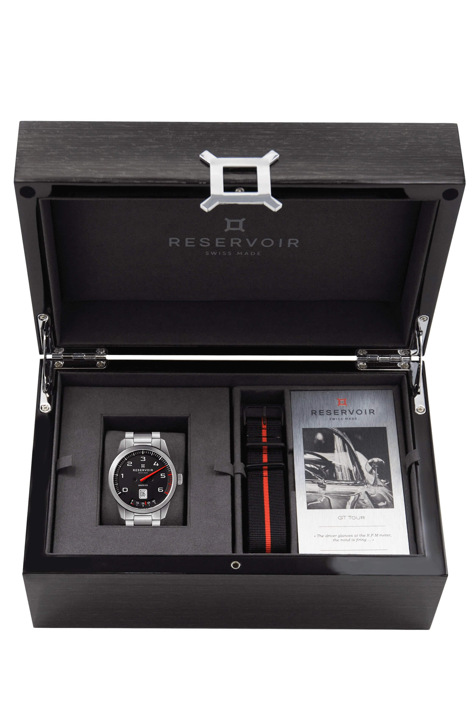 Luxury Media RESERVOIR watch in dark charcoal, light grey and medium grey-blue.