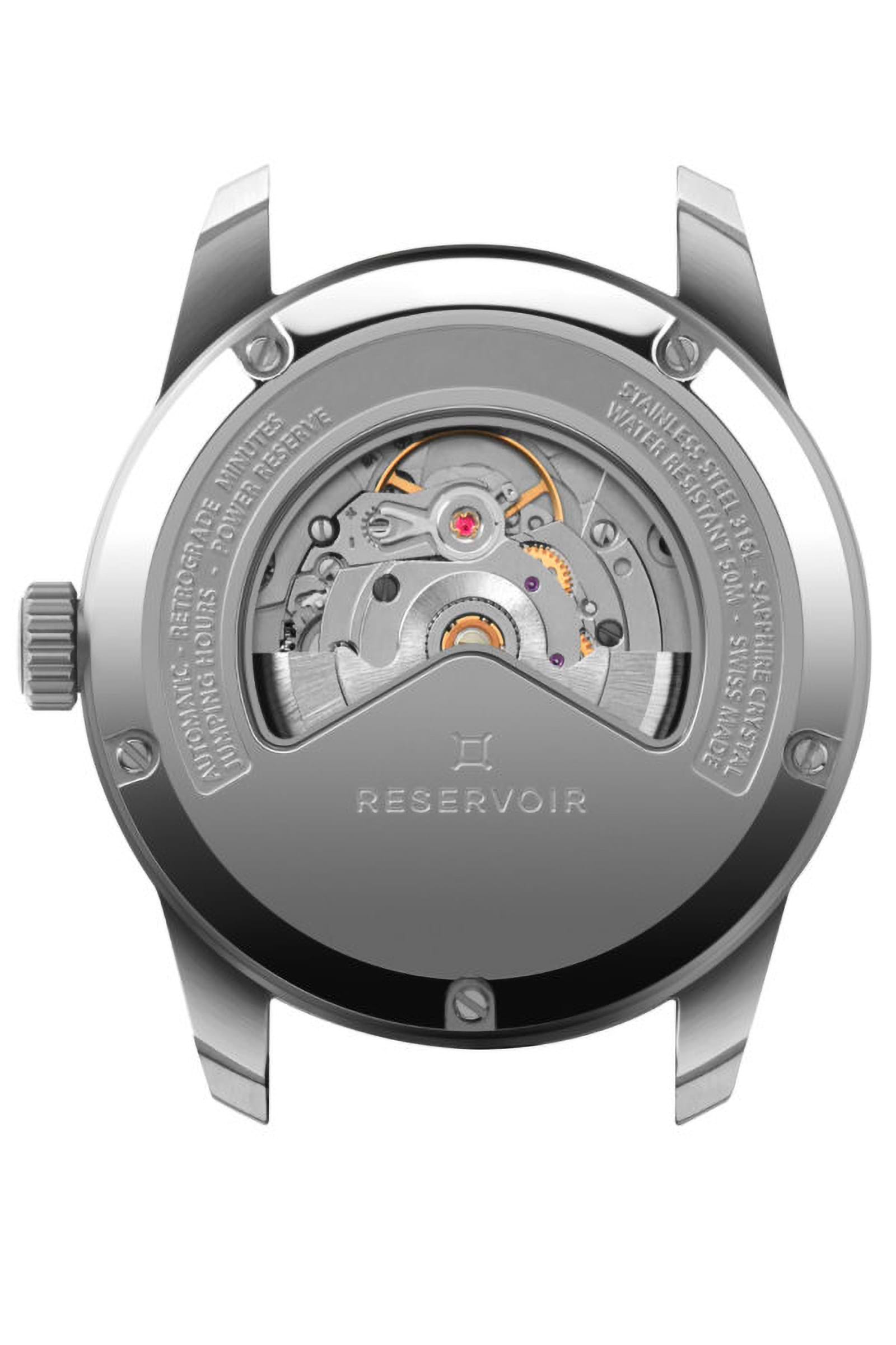 Media editorial of luxury RESERVOIR watch in light grey, black and dark grey