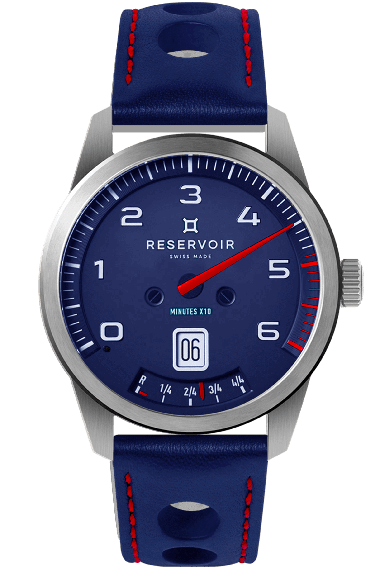Éditorial de la montre de luxe RESERVOIR en bleu marine foncé, gris clair et gris moyen.