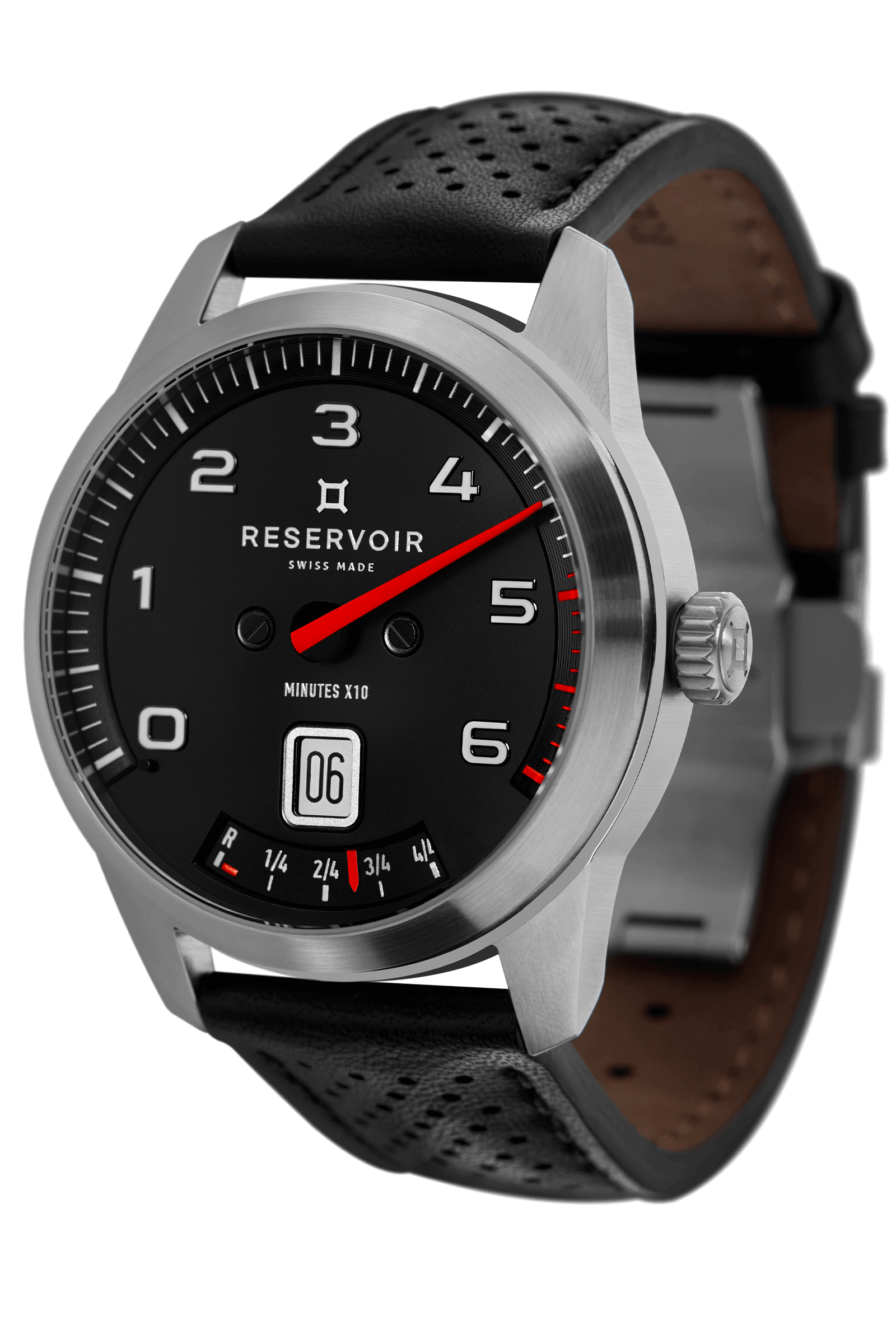 Dark charcoal GT racing car with light and medium grey speedometer and leather strap.