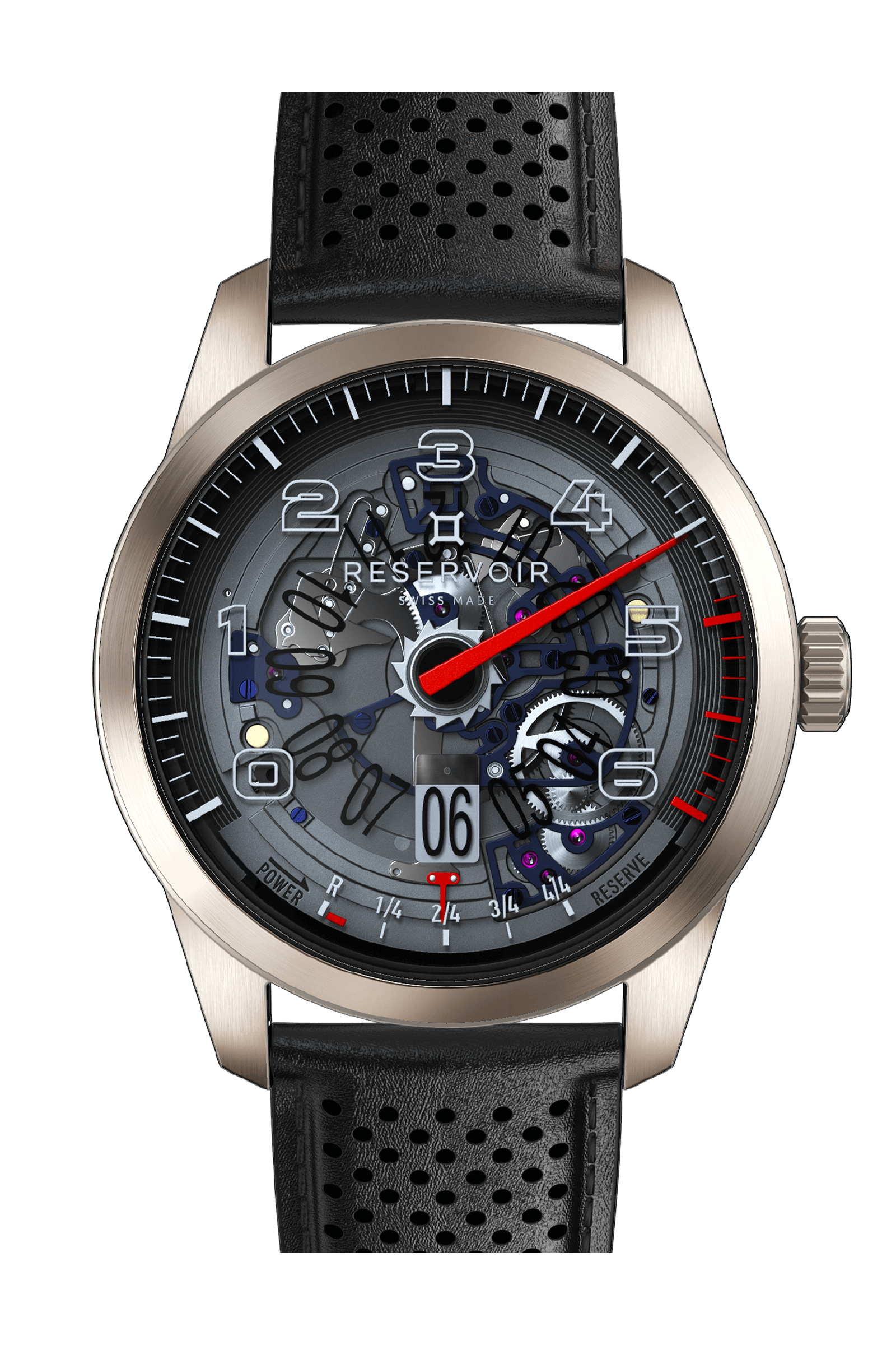Éditorial de la montre de luxe RESERVOIR en noir, gris clair et gris moyen.