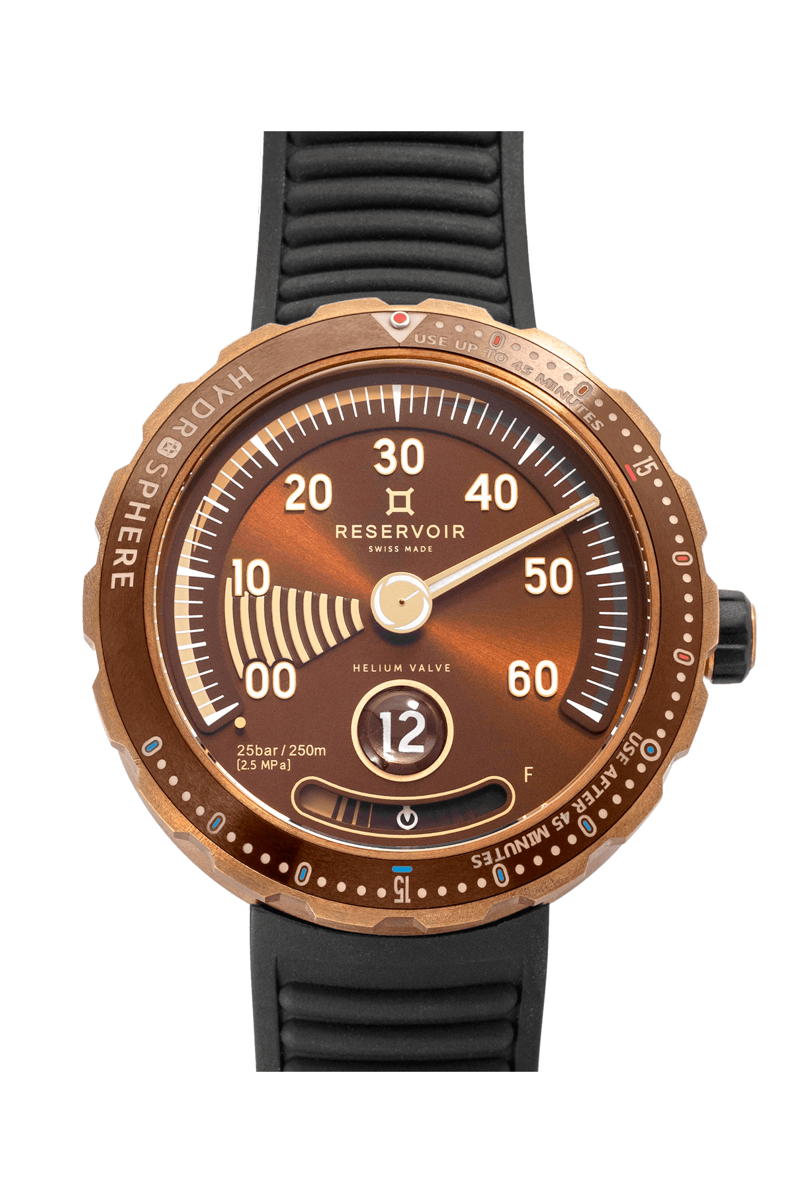 Luxury diver watch with dark brown, light peach and light blue manometer.