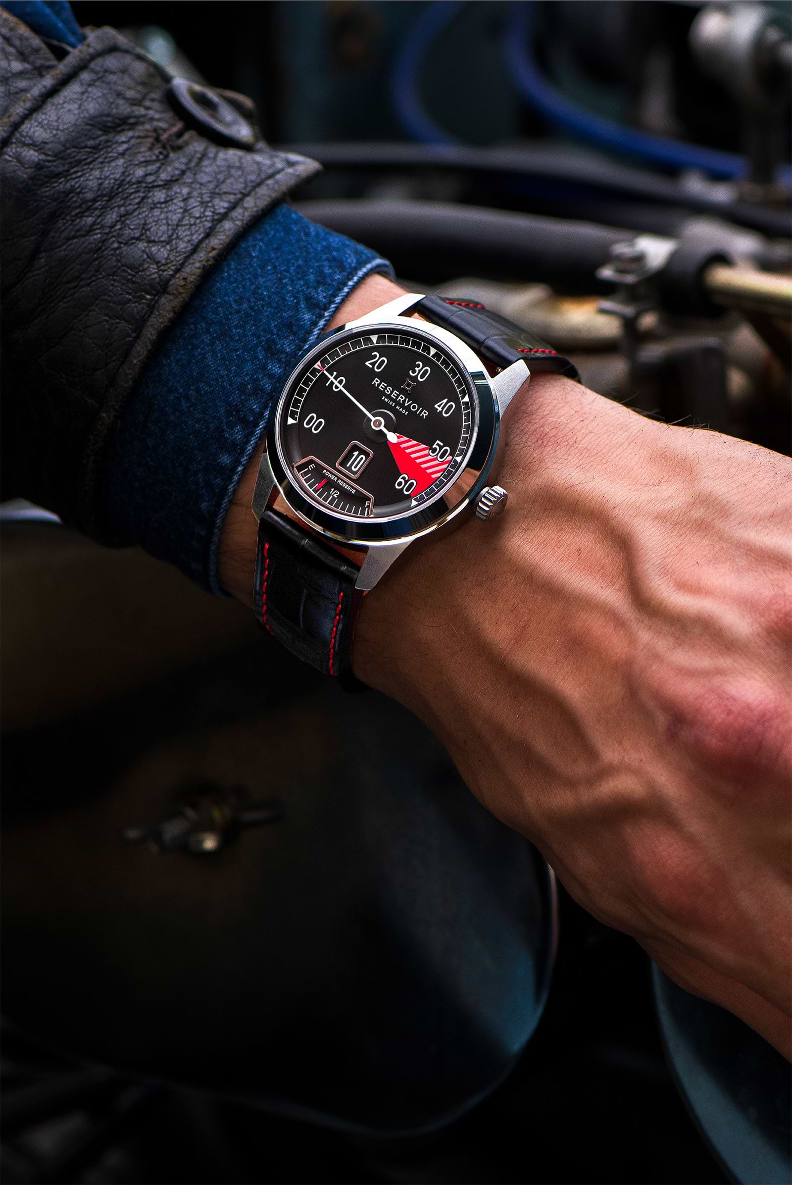Vintage Car RPM Counter Watch in Luxury of Black, Dusty Rose, and Light Steel Blue.