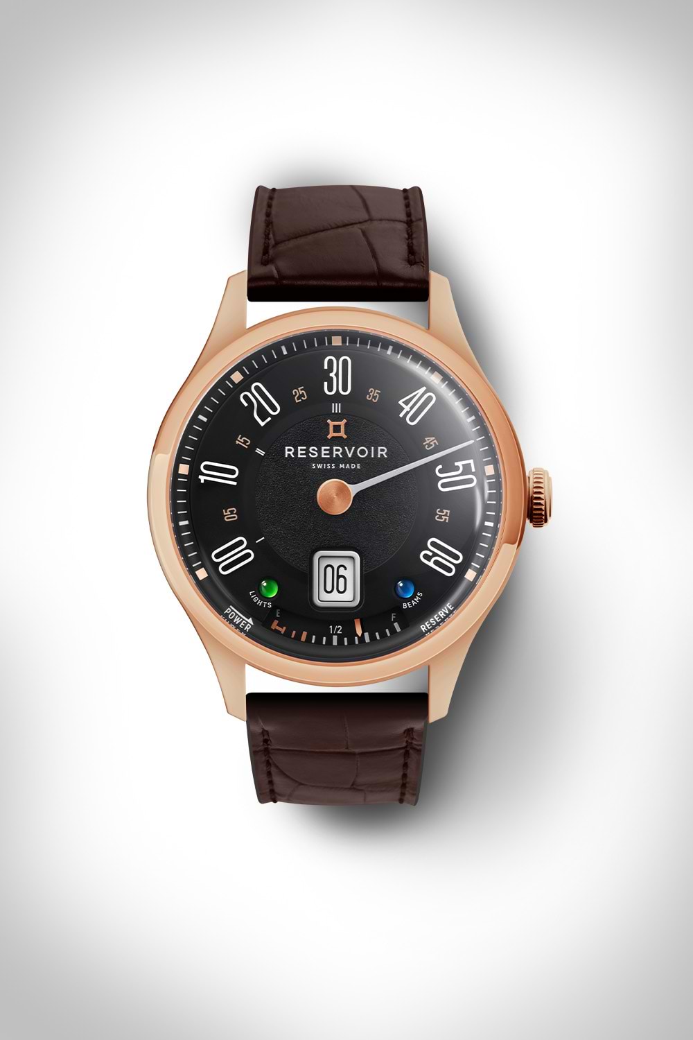 Rose gold wristwatch with dark brown leather strap, black dial, and digital date display.