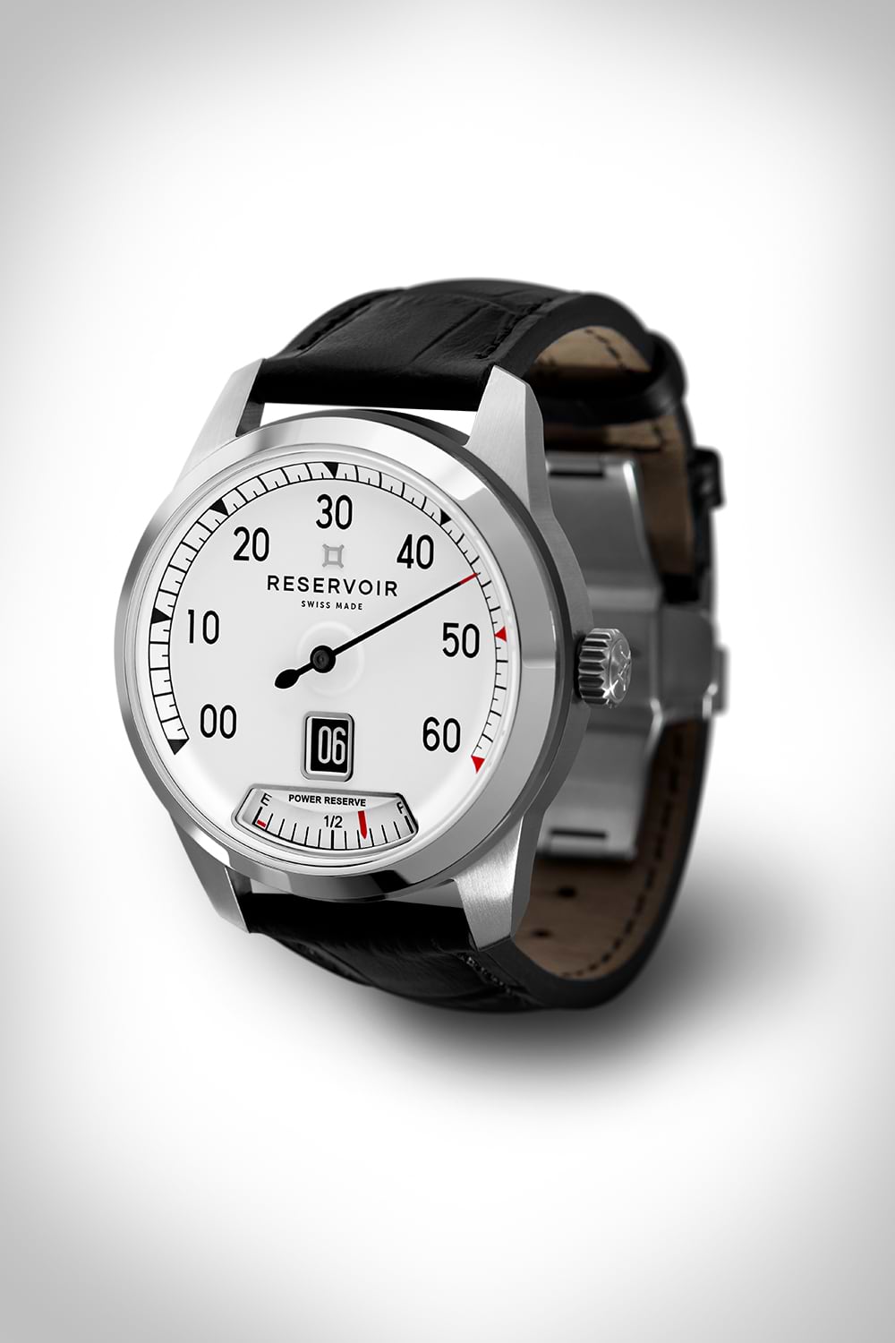 腕時計 ホワイトダイアル、パワーリザーブ表示、日付表示、ブラックレザーストラップ、メタルケース