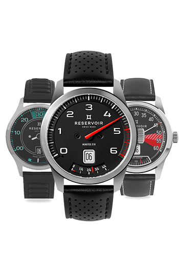 Media editorial of luxury RESERVOIR watch in shades of dark charcoal, light grey and medium grey.