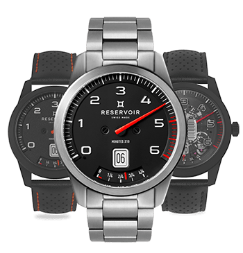 Éditorial de luxe RESERVOIR watch avec des couleurs anthracite, gris clair et gris moyen.