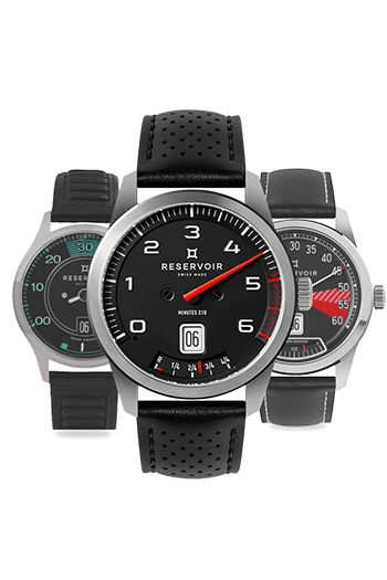 Media editorial of a luxury RESERVOIR watch in jet black, light grey and dark teal.