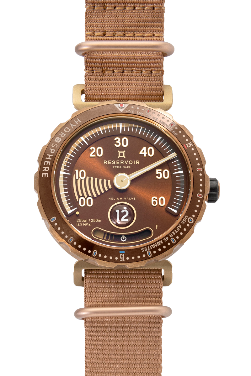 Media of RESERVOIR watch in luxury editorial style with dark brown, light peach, and light blue-grey.