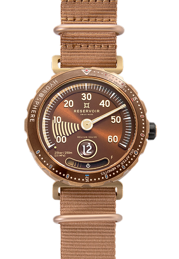 Media of RESERVOIR watch in luxury editorial style with dark brown, light peach, and light blue-grey.