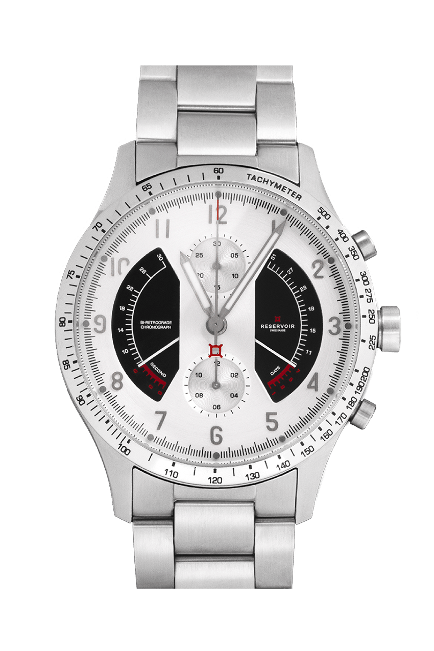 Media editorial luxury RESERVOIR watch in black, light grey and light grey-blue.