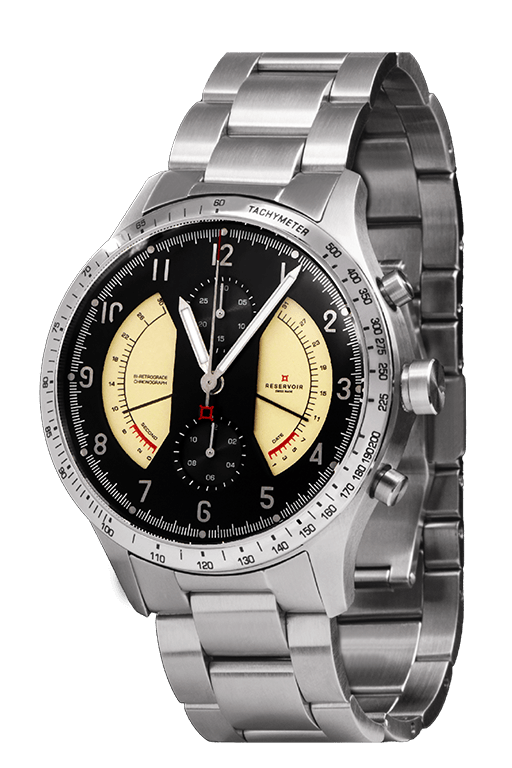 Media editorial image of a RESERVOIR watch in luxury tones of dark black, light greyish beige, and dark greyish silver.