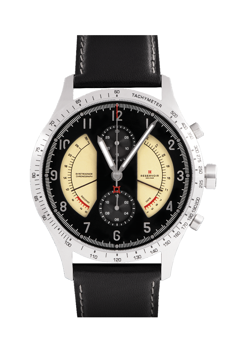 Medien des redaktionellen Luxus RESERVOIR watch mit schwarzen, hellbeigen und hellgrauen Farben.