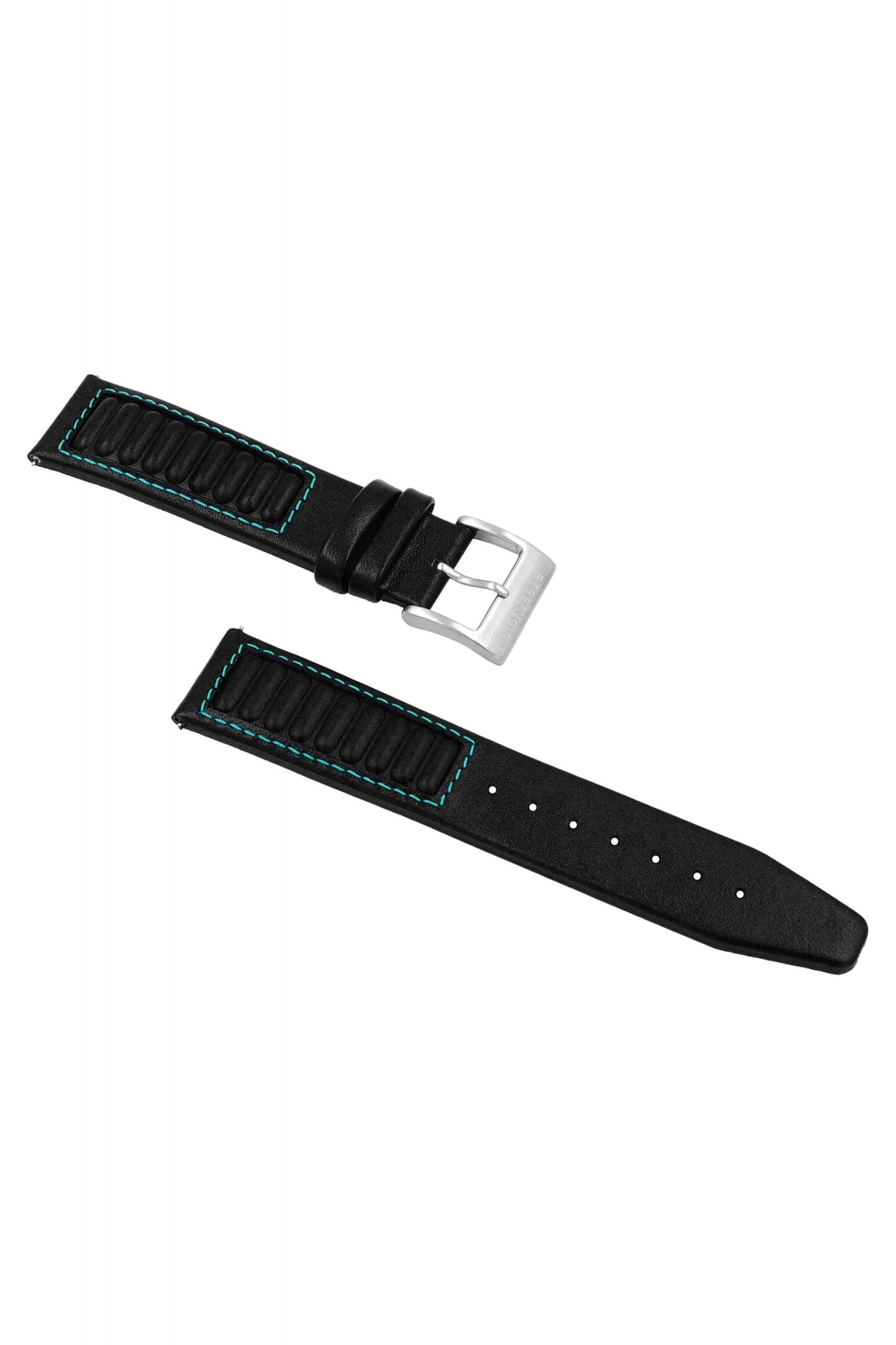 Dark black 356 Porsche leather strap with light grey and light teal accents.